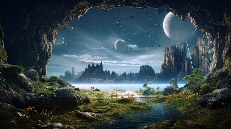 Framed by a cave entrance, a lush alien valley stretches toward a glowing shoreline under a starry sky with multiple moons and distant jagged rock formations.